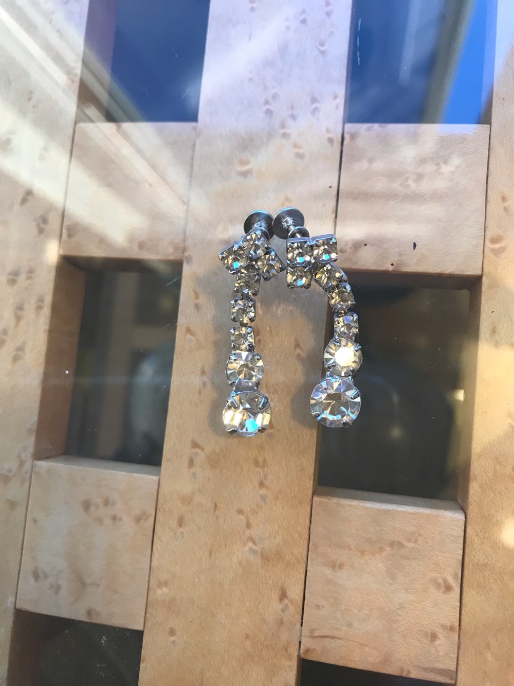 Vintage Crystal Drop Hoop Earrings screw back - Clear Rhinestone Dangle